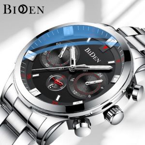 SPESIAL DISKON BIDEN Jam Tangan Pria Olahraga Kuarsa Otomatis Date Tali Stainless Steel Kasual Pria Jam Tangan Cowok Anti Air Original