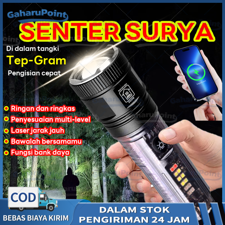 Senter LED Laser X36 Senter Transparan Solar Panel/Senter X36 LED Laser Transparan Solar Panel Rechargeable 7 Mode/Senter LED X36 Jarak Jauh Super Terang/Senter Led High Power Zoom Jarak Jauh Senter X36 Sorot 100000 Lumens Sorot Super Terang