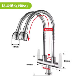 BOOMBANG Double Kitchen Faucet Stainless Steel Flexible Two Model Sink Tap 360° Swivel Spout SUS304 Stainless Steel Wall Mounted/Pillar Mounted