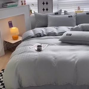 4 in 1 washed cotton satin jacqurad bedding set luxury style pure blue color bed sheet set quilt cover flat sheet/fitted sheet pillowcase single Queen King reactive dyed beddings