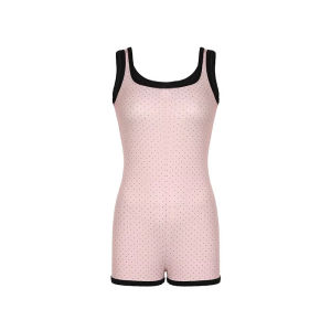 บอดี้สูท ชุดออกกำลังกายผู้หญิง สีชมพู ทรงเสื้อกล้ามขอบดำ พิมพ์ลายจุด (ไม่มีโบว์) ผ้าร่องอย่างดี ยืดหยุ่น กระชับเก็บทรง ใส่สบาย ชุดโยคะ ดีไซน์สวยงาม #2478