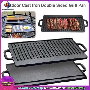 Vodool Iron Griddle Plate with Double Handles Grill Pan Griddle Pan for Steaks Broil Bread Eggs Pancakes Vegetables