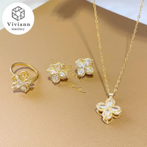 Viviann S925 Silver Needle Rotatable Flower Collarbone Necklace Ring Earrings Jewelry Set Necklace For Women Rings Jewelry Sets For Women Girls Wedding Fashion Jewelry Wholesale