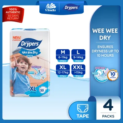 Drypers Wee Wee Dry Baby Tape Diapers M60s/ L58s/ XL50s/ XXL40s (4 packs) - Super Dry Soft & Fit