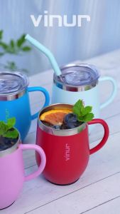 Kids Cup with Straw and Lid -12 oz Stainless Steel Double Wall Vacuum Insulated Water Drinking Cup with Handle-Leak Proof Coffee Mug for Travel (Baby Blue)