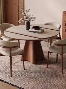 UrbanSpace SG- Extendable Look Sintered Stone Dining Table And Chair Set Solid Wood Round Folding Table For Small Home