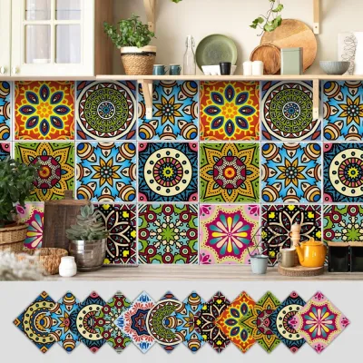 FLECI 12Pcs Multicolor Design Backsplash Tile Stickers Mandala Pattern Waterproof Peel and Stick Tile PVC Tile Decals Kitchen Decor