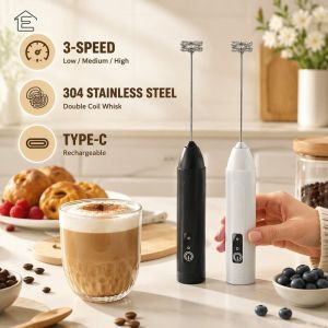 Electric Milk Frother Handheld Whisk Mixer Rechargeable Type C 3 Speed Coffee Latte Egg Foam