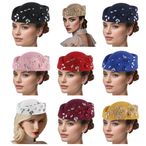 Rhinestones Flower Beret Hat for Cocktail Party 1920s Women Fascinator Church Caps Theme Party Costume Hat All Matching