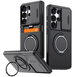Wallet for Samsung Galaxy S22 S23 S24 S25 S26 Ultra Plus S24fe S25fe S26fe Case with Card Holder Slide Camera Lens Cover 360° Magnetic Stand Hard PC Back TPU Frame Phone Cover for Samsung Galaxy S26 Ultra