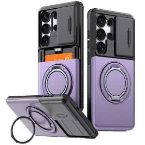 Wallet for Samsung Galaxy S22 S23 S24 S25 S26 Ultra Plus S24fe S25fe S26fe Case with Card Holder Slide Camera Lens Cover 360° Magnetic Stand Hard PC Back TPU Frame Phone Cover for Samsung Galaxy S26 Ultra