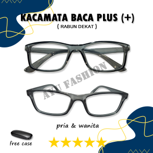 Kacamata Frame Kotak Warna Abu Bening Lensa Full PLUS +1.00 s/d +3.00 RABUN DEKAT untuk CEWEK COWOK - FREE CASE