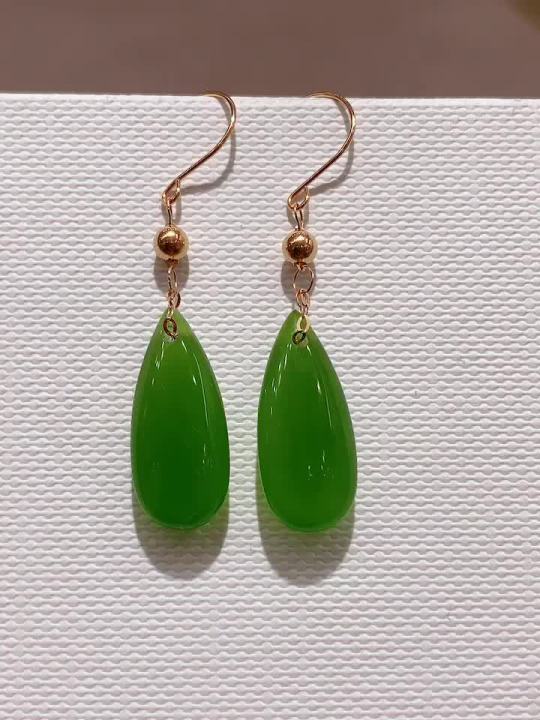 18k Gold Green Jade Water Drop Earrings Women Fine Jewelry Genuine ...