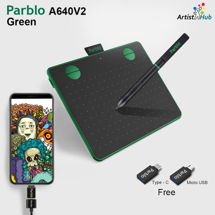 Parblo A640 V2 Green (Local Ready Stock) x4 Inch Drawing Tablet