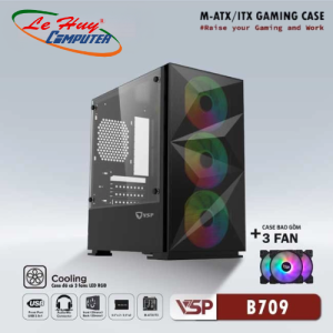 Vỏ Case Máy Tính VSP Gaming Mid Tower B709 - Trắng/Đen + 3 Fans Led Chính hãng