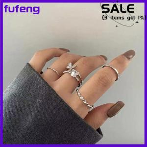 fufeng 3Pcs 4Pcs Hip Hop Punk Open Adjustable Rings Set Womens Ring Butterfly Metal Finger Ring