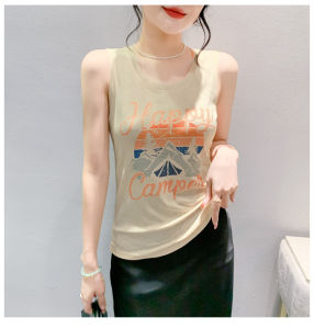 Ammin 2024 đơn giản Mới Mùa Hè cổ tròn màu trơn không tay nhuộm kiểu cột thắt hài hòa màu sắc in cotton T-Shirt phụ nữ phong cách Hàn Quốc in chữ cái giản dị cỡ lỡn Áo Blouse thanh lịch