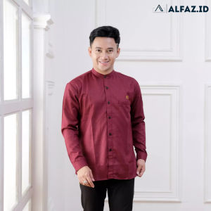 Alfaz - Baju Kemeja Koko Muslim Lengan Panjang Warna Maroon Polos Pria Dewasa