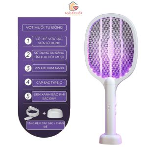 Vợt Bắt Muỗi Thông Minh 2 In 1 Kiêm Đèn Bắt Muỗi Tự Động Ban Đêm 2 Lớp Lưới Bảo Vệ An Toàn