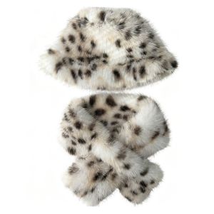 K9SEQ Leopard Print Faux Fur Bucket Hat Imitation Fur Fluffy Thicken Warm Plush Cap Scarf Set Face-Slimming Design Versatile Scarf Winter Hat For Women