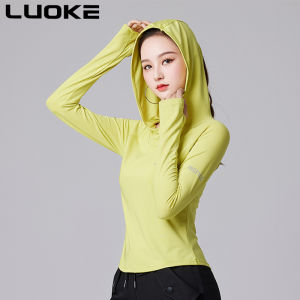Luoke เสื้อมีฮู้ดผ้ายืดหยุ่นสูงสำหรับผู้หญิงเสื้อกีฬาแขนยาวสำหรับใส่วิ่งกลางแจ้งเข้ารูปพอดี