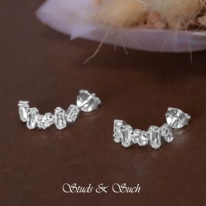 [Studs & Such] 925 Silver Unique J-Hoop Earrings With Baguette Cubic Zirconia