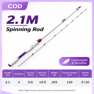 Spinning Fishing Rod 2.1M Glass Fiber 2 Sections for Tilapia Carp