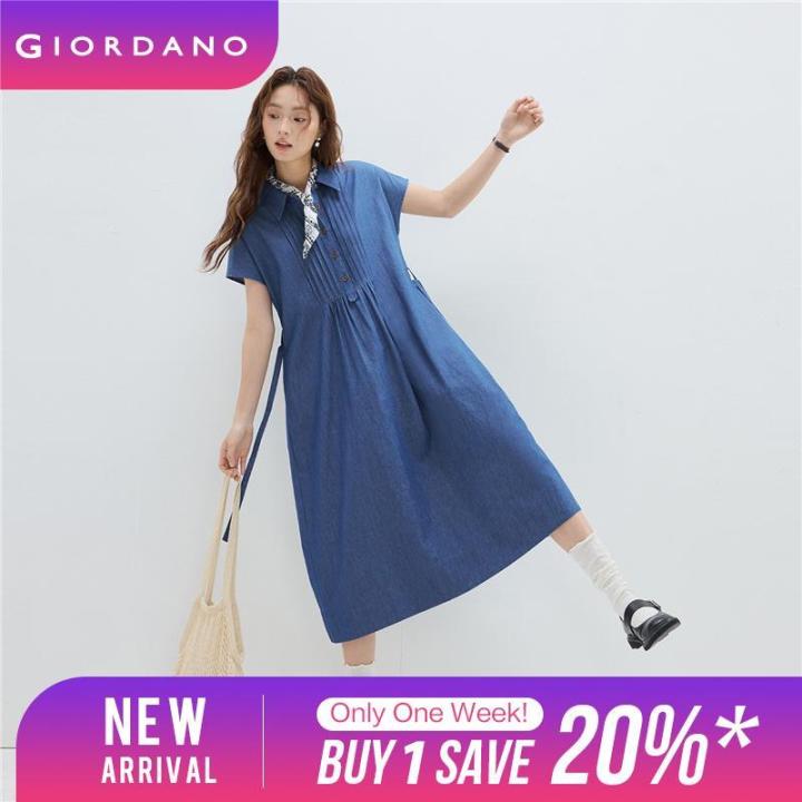 GIORDANO Women Dresses 100% Cotton Pleated Placket Denim Dresses Tie Waist  Cap Sleeve Fashion Casual Denim Dresses 18465805 Lazada PH