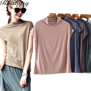 Ruizhijzg Ready stock Bamboo Fiber T Shirt for Women Teen Girl Home Wear Summer Sleeveless Shirt High Neck Top Plain Modal Cotton Ladies Slim T Shirt Korean Style