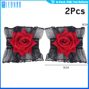 2ชิ้น สายรัดข้อมือโลลิต้า ประดับลูกไม้ ดอกกุหลาบ สีเข้ม สไตล์โลลิต้า
