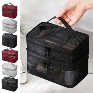 MICACOH 1/2/3 Layers Mesh Cosmetic Bags Transparent Zipper Perspective Makeup Bag Simple Wash Pouch Double-layer Storage Bag Women