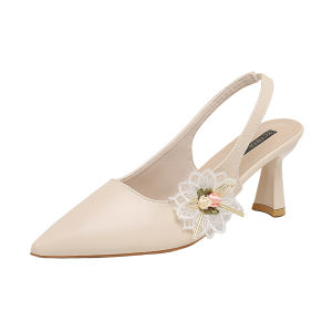 Free Shipping 2026 New Autumn Summer And Spring Collection: WomenS Slip-On Lace Floral Sandals With An Open Back Featuring A Satin Finish Pointed Toe And Chunky Heel