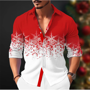 Snowflake 3D Printed Casual Mens Shirt Christmas Autumn and Winter Long Sleeve Lapel Ruby Top XS-6XL Stretch Fabric Shirt