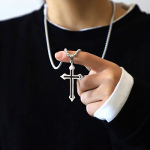 SENSIPIC#(With Chain)Stainless steel Mens Necklace Silver and Black Cross Single(with chain)