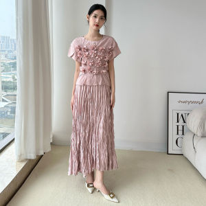 ชุดสูทแฟชั่นเสื้อยืดแขนสั้นรูปลอก3มิติทำด้วยมือมีจีบกระโปรงสวิงใหญ่สำหรับผู้หญิง2ชิ้น