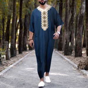 Men Muslim Robe Middle Eastern Saudi Arab Robe Ethnic Style Printed Thobe Islamic T Shirt Dress Moslem Plus Size