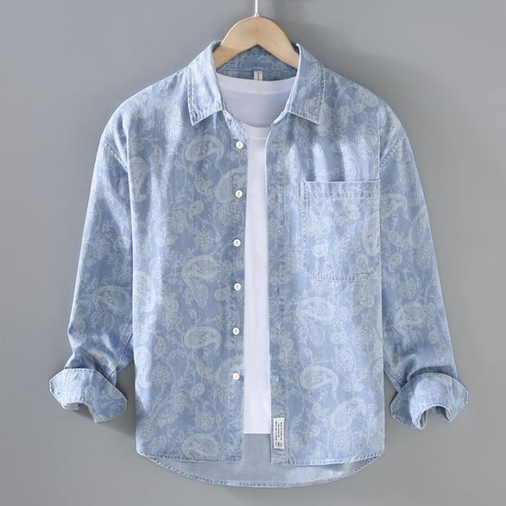 Men's Denim Shirt Casual Polo Collar Long Sleeve Open Shirt Korean Style  New Fashion Loose Tops Lazada PH