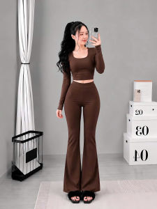 Set áo croptop cổ vuông tay dài kèm quần dài ống loe KVYBODY S23 chất thun cotton borip lụa dày mịn co giãn