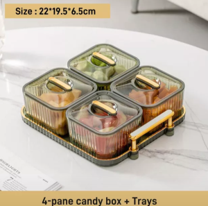 Toples Plastik Lebaran Nampan Tempat Kue Fruit Snack Plate Amber Green Storage Jar with Tray 3/4 Grids