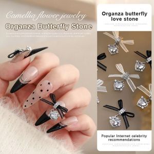 BAIXL 1 PCS Manicure Ornaments Zircon Nail Art Accessories Organza Bow Exquisite Heart Zircon Pendant Nail Charms Nail Supplies Sweet Lace Bow Love Nail Decorations Women