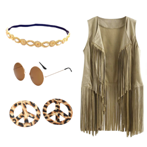 Fashionable Tassels Fringe Vest Leopard Print Earrings Headband and Glasses Set for Women for a Retro 70s Look