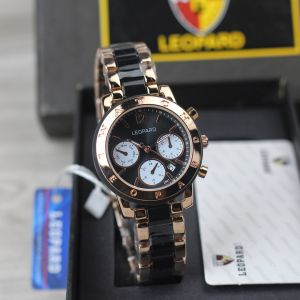 Jam tangan Wanita Leopard 2861L tali rantai /mika bulat polos tanggal aktif chrono off analog original