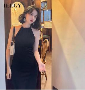 IELGY Hong Kong style retro dress women halter waist hanging neck bottoming dress