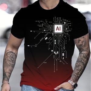 [Local Stock] ZEEMIN Mens AI Chip Circuit Pattern T-shirt Breathable Casual Short Sleeved Round Neck Top Technology Style Design Summer Daily Wear
