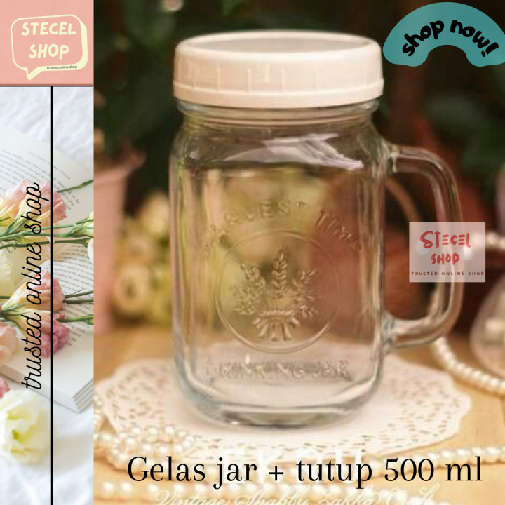 Gelas Kaca Jar Motif+ Tutup / Drinking Jar / Mug Jar Toples | Lazada ...