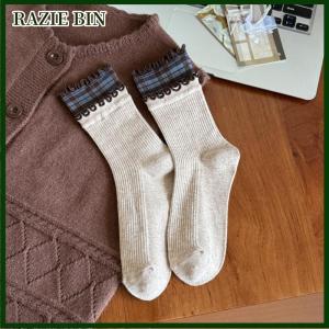 RAZIE BIN Retro Color Blocking Stripe Socks For Women Winter Warm Middle Tube Socks Korean Girl Soft Thicken Home Sock
