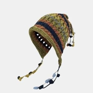 RANZH Handmade Crochet Beanie Hat Contrast Color Knitted Fabric Boho Knit Bonnet Handmade Floral Headwear Breathable Cozy Ear Flap Cap Winter Travel