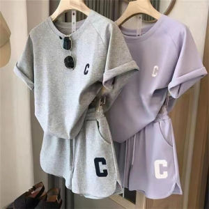Original Quality Korean Version Womens Summer Loose Short Sleeve T-Shirt Shorts Sports Embroidered Letter Casual Set