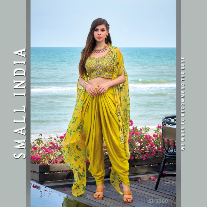 {**ส่งฟรี**} SMALL INDIA 💐 Heavy Satin Silk Dhoti Saree ชุดเซ็ทเสื้อ ...