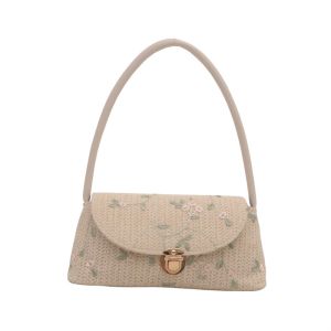 CRNGW Elegant Grass Woven Shoulder Bag Large Capacity Embroidery Lace Woven Underarm Bag Classic Beige Handbag Women
